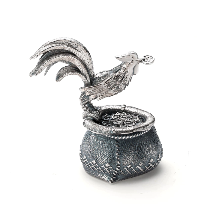 Silver statuette "Rooster on a bag of money"